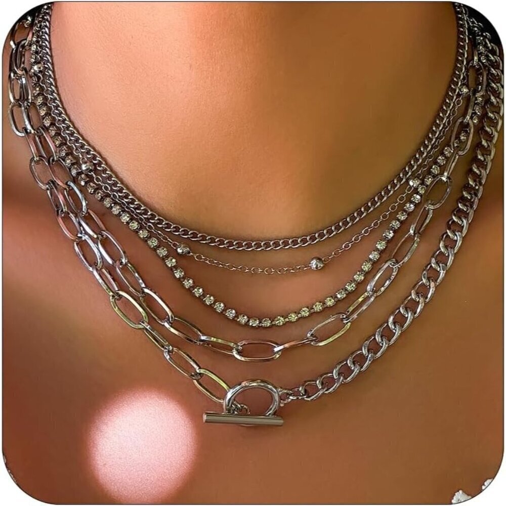 🆕 Women Silver Toggle Clasp Necklace Chunky Punk Layered Choker Simple Jewelry